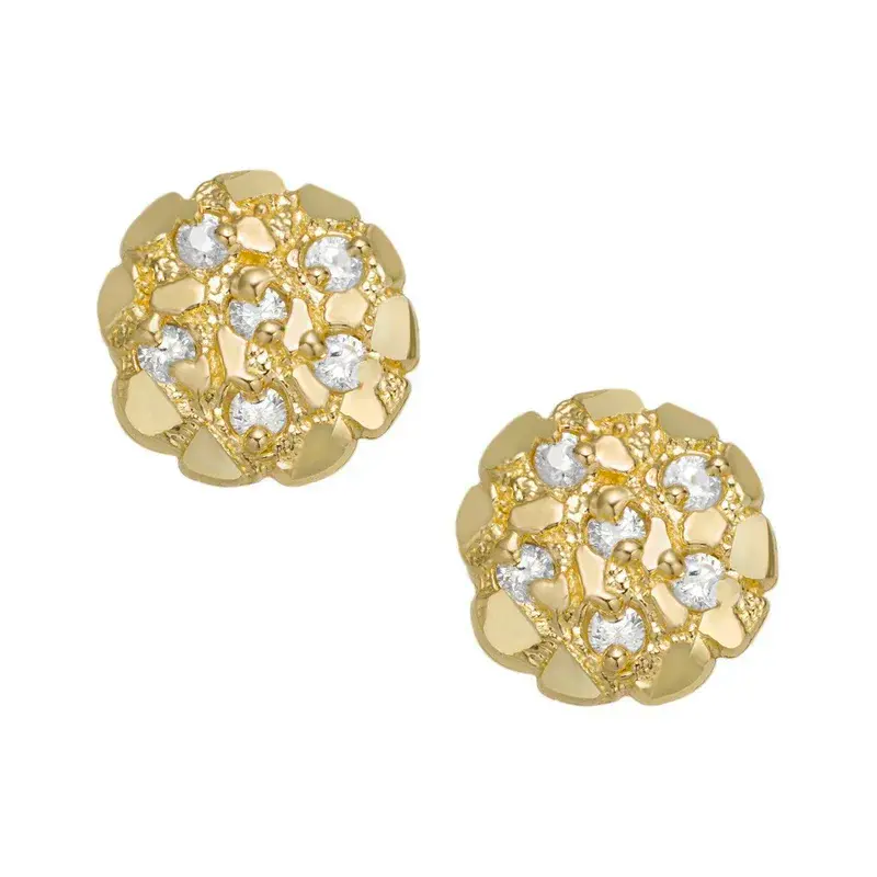 MaxBling81 14K Solid Brass Premium Golden Nugget Iced Ear Studs, Cubic Zirconia Fashion Jewelry, Unisex for Men & Women, 10mm/12mm/14mm/16mm/20mm Sizes