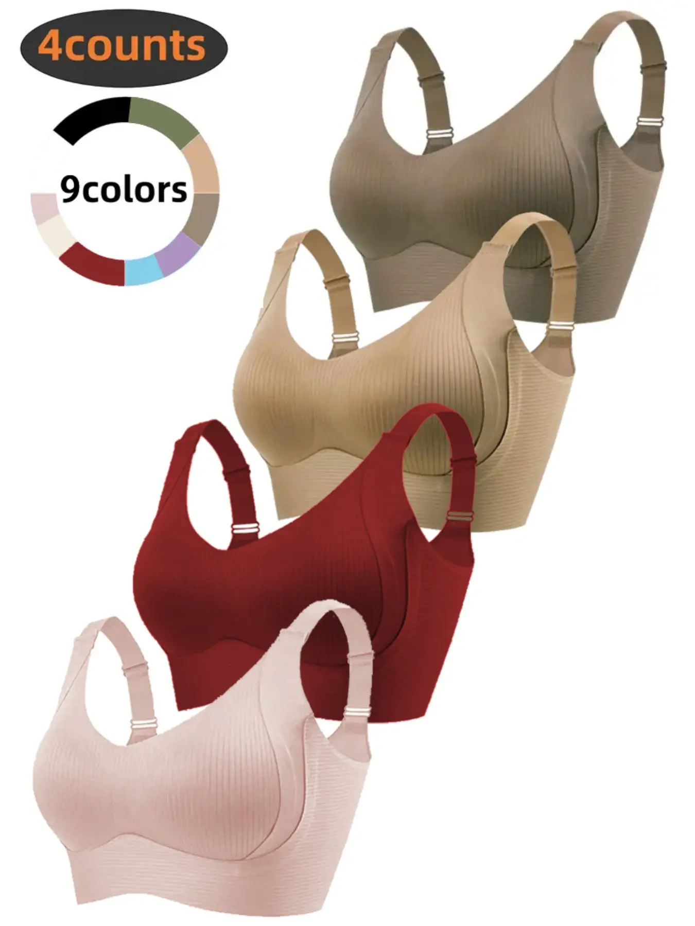 4-Pack Women's Ribbed Full Coverage Seamless Wireless Bra Set, Fixed & Removable Padding, Adjustable Wide Straps, Anti-Sagging Support, Comfy for Daily & Sports Wear, Sporty Workout Bra, 9 Colors Available, Seamless Sports Bras