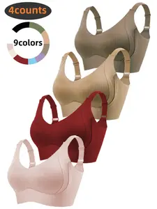 4-Pack Women’s Ribbed Full Coverage Seamless Wireless Bra Set! Fixed & Removable Padding, Adjustable Wide Straps, Anti-Sagging Support, Comfy for Daily & Sports Wear, 9 Colors Available, Seamless Sports Bras