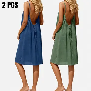 2 PCS Bundle Women's Solid Color Cami Lounge Dress Elegant Sleeveless Short Dress Summer Ladies Sleepwear Indoor Wear Set of 2 Flowy Backless Slip Sundress Casual Boho Beach Cover Up Vacation Resort Outfit Comfortable Relaxed Everyday Clothing