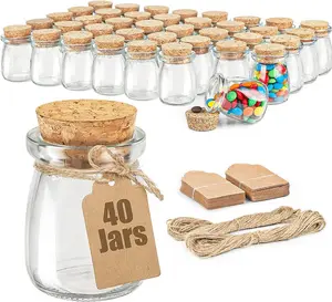 40-Pack Glass Favor Jars with Cork Lids, 3.4 oz Mini Glass Bottles for Wedding Favors, Baby Showers, Party Favors, Gift Jars for Candy, Includes Bonus Twine and Labels.