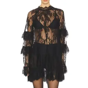 Women's lace dress, long-sleeved round neck tulle cocktail dress, autumn mini dress