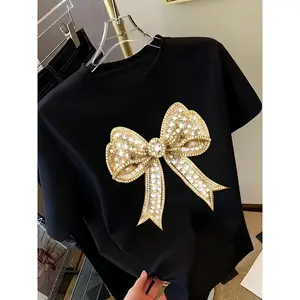 Sparkly Rhinestone Bow Graphic Tee Oversized Short Sleeve Crewneck Soft Stretch Casual Streetwear Going Out Party Y2K Aesthetic Unisex Top