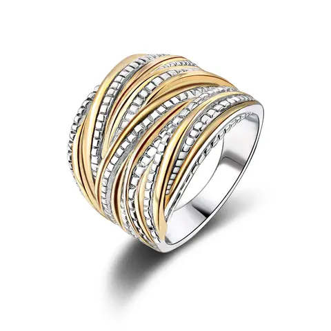 Aprilery Wide Wavy Band Ring, Chunky Mixed Metal Statement Ring, Textured Layered Striped Ring, Bold Fashion Jewelry Gift for Women