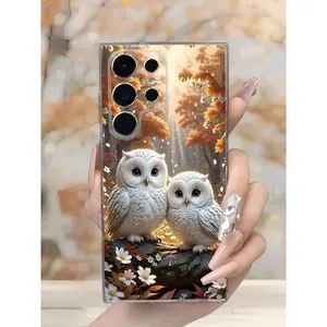 White Owls, Yellow Leaves And Flowers Phone Case Suitable For Compatible With Samsung Galaxy S21/22/23/24/25 Ultra/FE+,A73/72/71/55/54/53/52/51/35/34/33/25/24/22/16/15/14/13/12,As Well As,