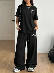 Women's Y2K Heart Print Two Piece Set, Casual Oversized Loose Tee + straight-leg sweatpants, Womenswear, Clothes | #TwoPieceSet #HeartPrint #Y2KOutfit