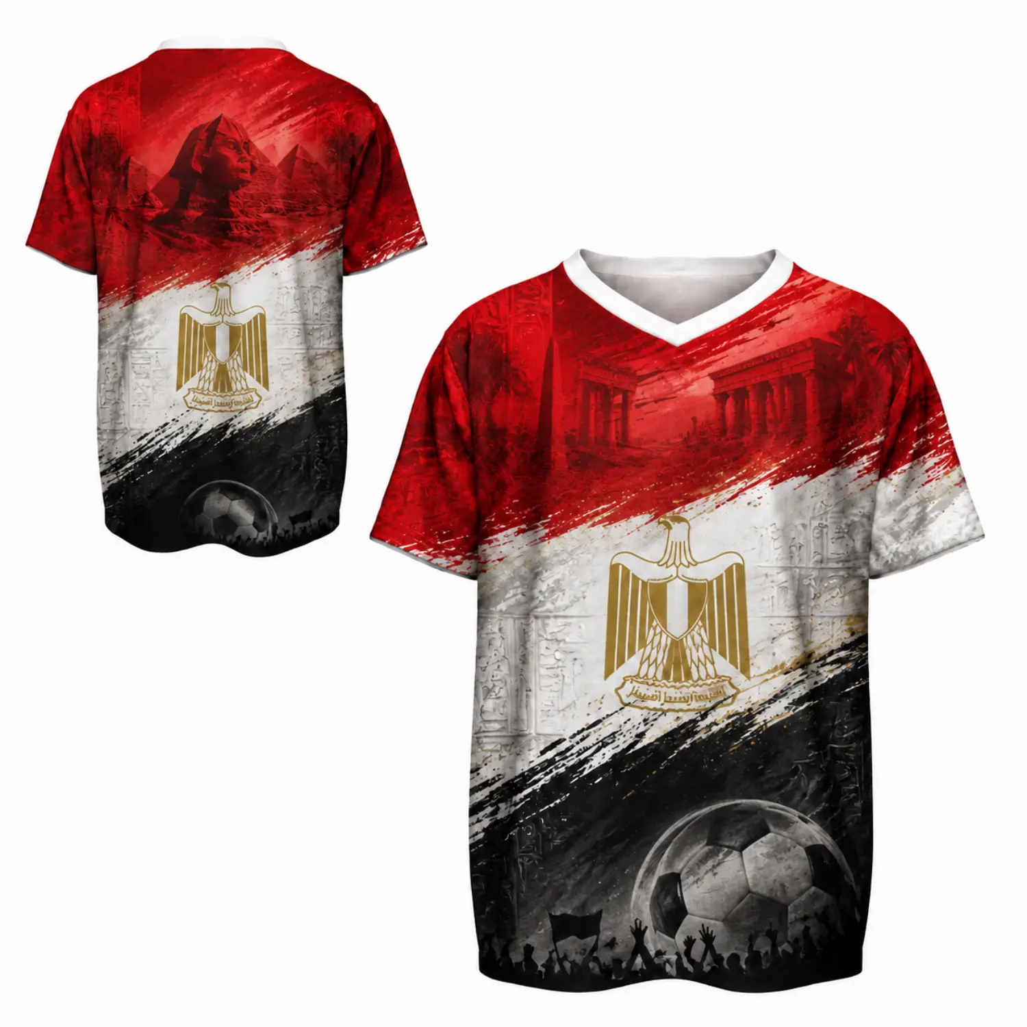 Egyptian Flag Soccer Jersey - Red, White & Black V-Neck Shirt, National Team-Inspired Football Top for Passionate Fans & Match Day Wear