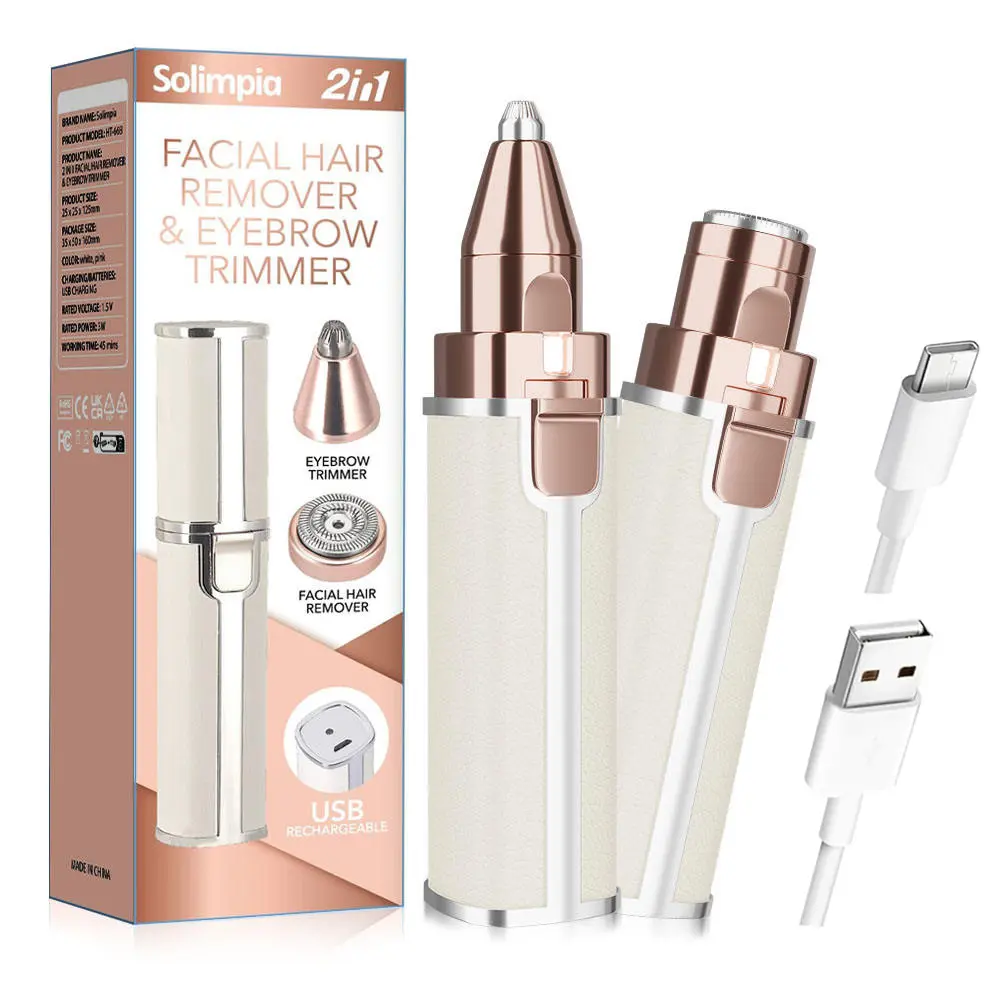 Solimpia Gentle 2-in-1 Electric Facial Hair Remover & Eyebrow Trimmer Portable USB Rechargeable for Women's Daily Use with LED Light Perfect for Mother's Day Gift