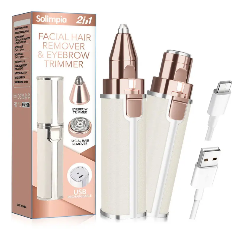 SOLIMPIA Electric Painless 2-in-1 Face Trim Eyebrow Trimmer - Rechargeable, Portable Plastic Lady Grooming Appliance with ABS, LED Light for Daily Lip, Facial, Neck Smoothing Hair Removal