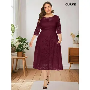 Plus-size lace crew-neck dress with elegant 3/4 sleeves and an A-line silhouette for parties; women’s plus-size clothing featuring a collar and fabric details; formal womenswear with a chic fit in blue.