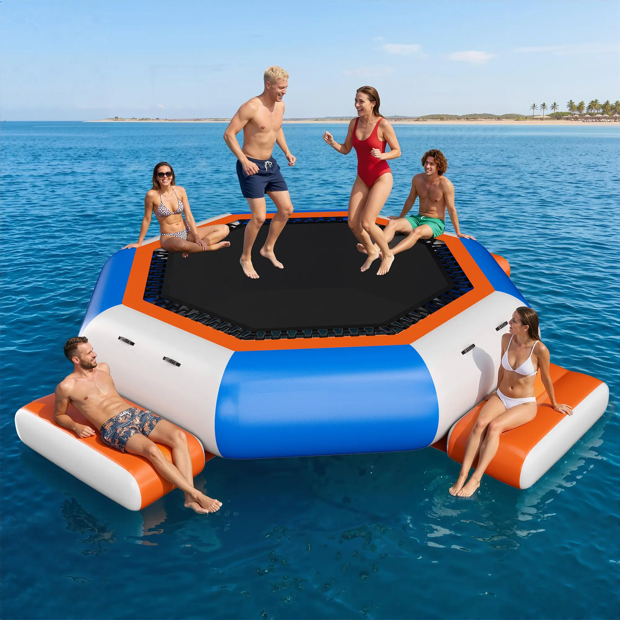 [Summerwins]AMERLIFE Inflatable Water Trampoline, 10FT Floating Water Bouncer with Rope Ladder, 12/15FT Floating Water Bouncer with 3 Platforms, High Elastic Net, Durable PVC, Large Jumping Area with Electric Pump