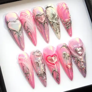 3D Aurora Chrome Pink Press On Nails, Long Stiletto Goth False Nails