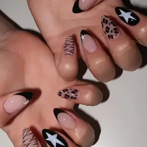 24pcs Leopard Print Star French Nails, Almond Press-On Nail Tips, Unique Fashion Manicure, Summer Essential, Includes Gel Glue and File