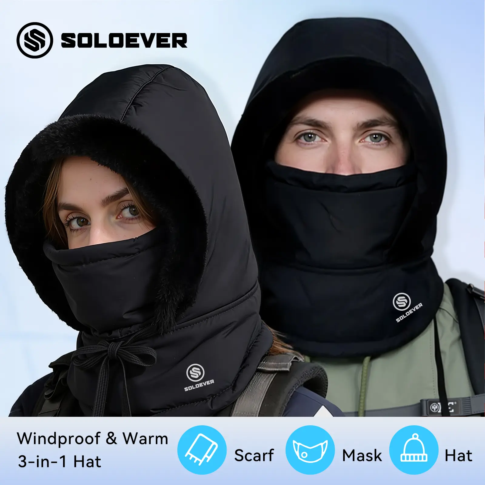 SOLOEVER 3-in-1 Thermal Hat Plush Balaclava Windproof Waterproof Adjustable Fit for Men Women Unisex Design Ideal for Outdoor Activities Ideal Gifts for Christmas outdoor winter warm hat cold