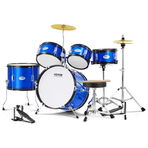 【Summervibes】VEVOR Kids Drum Set, 5-Piece, 16 in Beginner Full Drum Set with Bass Toms Snare Floor Drum Adjustable Throne Cymbal Hi-Hat Pedal and Two Pairs of Drumsticks, Starter Drum Kit for Child Kids, Blue