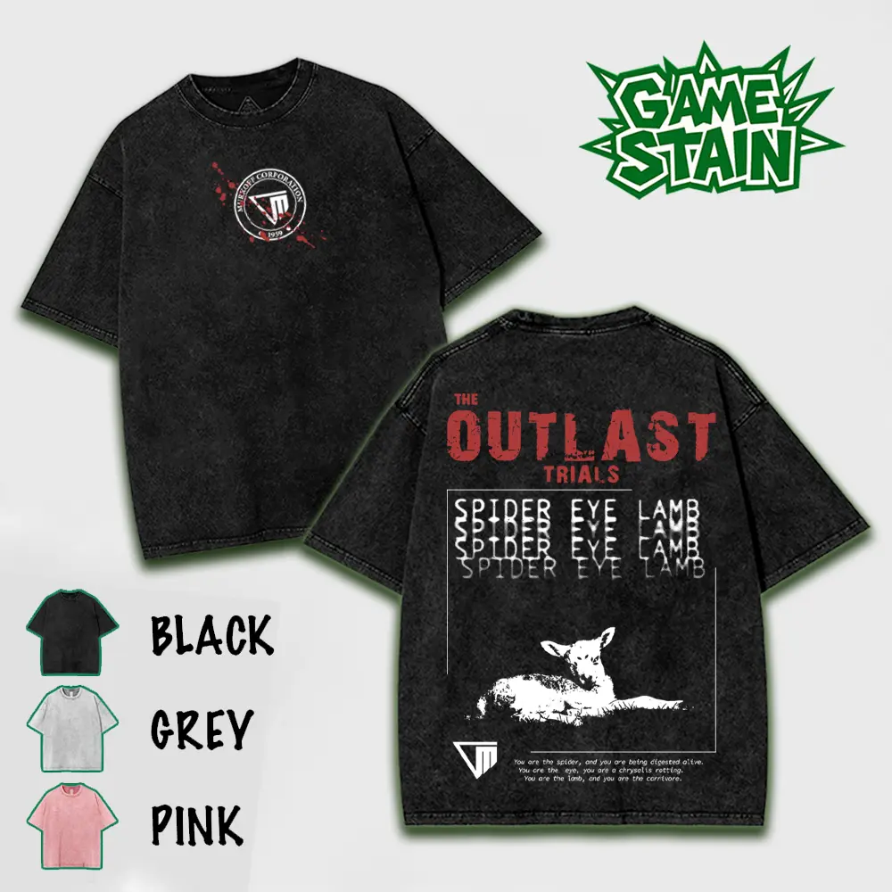 Outlast Trials SPIDER EYE LAMB v2 Washed T-Shirt, Hoodies Video Games, Horror Vintage Shirt, Game Fan, Streetwear Tops Black Fabric Menswear Cotton Seamless