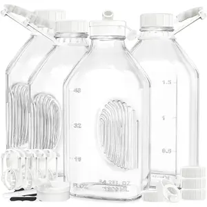 4 Pack 2 Qt Glass Milk Bottles with Handle and Airtight Reusable Screw Lids, 1/2 Gal Glass Water & Juice Bottles with 2 Pour Spouts, 64 Oz Milk Jug Pitcher w Scale