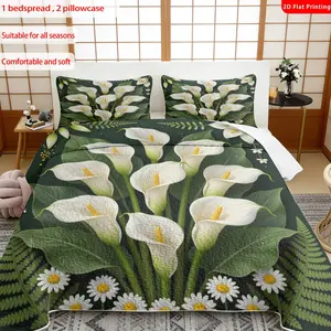 3 pcs, 2D flat print elegant white calla lily bed cover set with green leaves & daisies, multiple sizes available, floral bedding set, festive decorative bedding, ideal for bedroom décor(1 bedspread , 2 pillowcase)