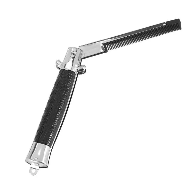 Stainless Steel Folding Beard & Hair Comb, Hairstyling Tool Combo with Switch, Pocket-Sized, Long Round Handle
