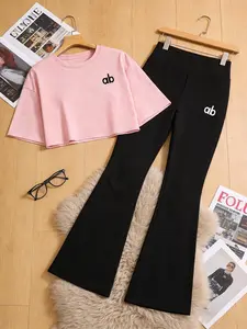 Women's Summer Casual Fashion 2-Piece Set, Athletic Fashion Activewear, Sporty Round Neck Short Top with Letter Print, High-Waisted Bell Pants, Outdoor Sports Yoga