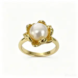 18K gold-plated, natural freshwater pearl flower ring, adjustable, gift for mom