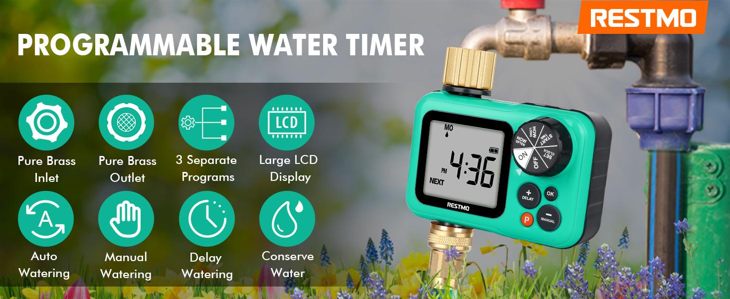RESTMO Sprinkler Timer with Brass Inlet & Outlet, 3 Separate Programs Hose Timer, Programmable Water Timer for Garden Hose, Manual | Rain Delay | Automatic Watering System for Drip Irrigation and Lawn