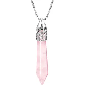 Healing Crystal Necklace for Women Men Natural Rose Quartz Crystal Pendant Energy Healing Gemstones Jewelry Pendulum Crystal Divination (Hexagonal, 18 Inches Stainless Steel Chain)