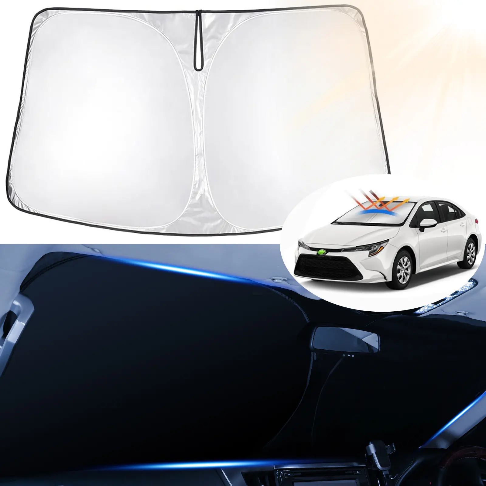Canvcle Custom Fit Car Windshield Sunshade, Car Accessory for Toyota Corolla 2014-2026, UV-Blocking 240T Silver Black Reflective Fabric, Full Coverage Foldable Front Window Cover