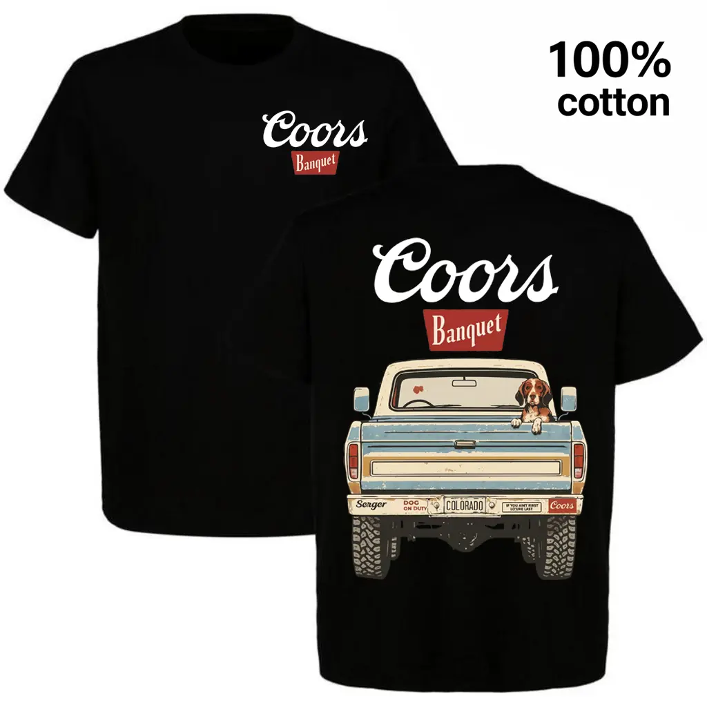Coors Banquet Beer Graphic T-Shirt - Retro Truck & Dog Print, 100% Cotton Tee