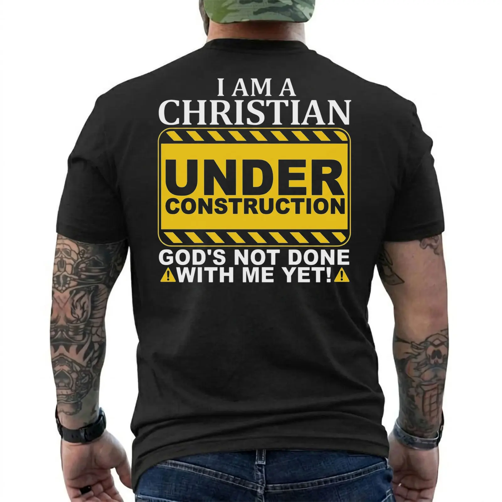 I Am A Christian Under Construction Shirt, God's Not Done With Me Yet Tee, Faith Journey T-Shirt, Christian Gift for Men and Women, Fast Shipping, Short Sleeve Printed Graphic Shirt, Daily Casual Cotton Menswear