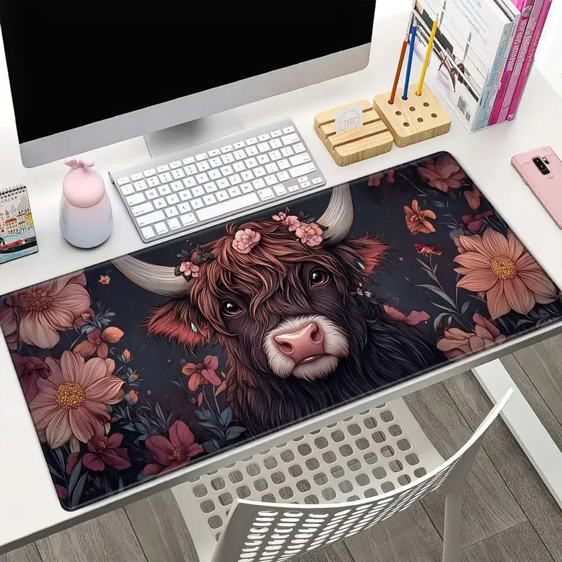 Extra Large Highland Cow Mouse Pad with Premium-Textured Waterproof Surface, Non-Slip Rubber Base, Durable Stitched Edges, Machine Washable Custom Desk Mat for Home and Office Use