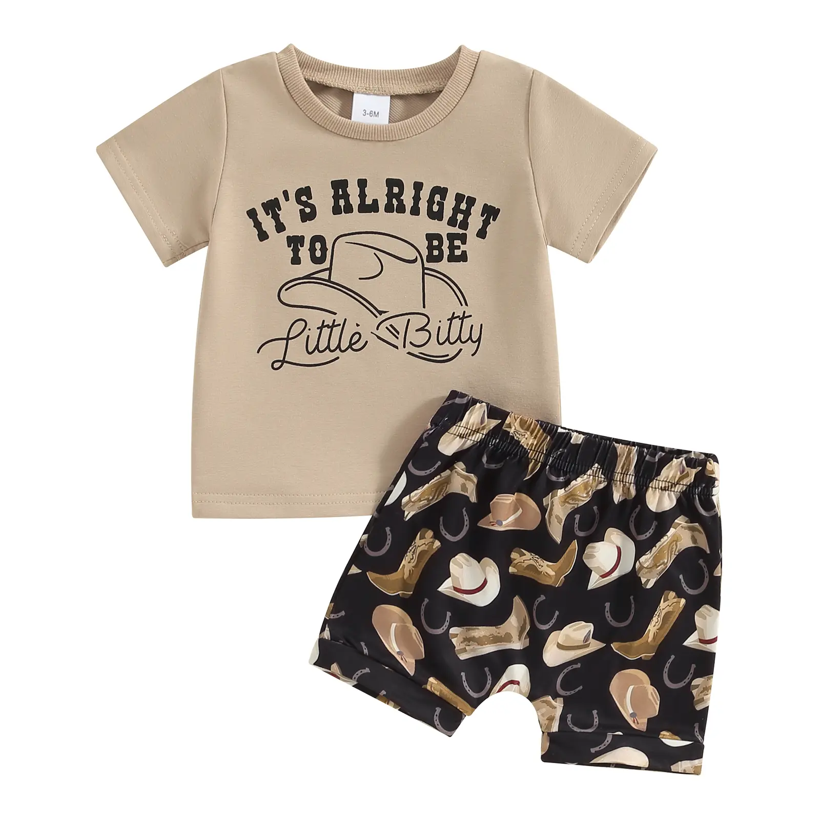 [Lullaby] Toddler Boy Western Shorts Set Letter Print Short Sleeve T-Shirt with Hat&Boot Pattern Shorts 2Pcs Outfit[