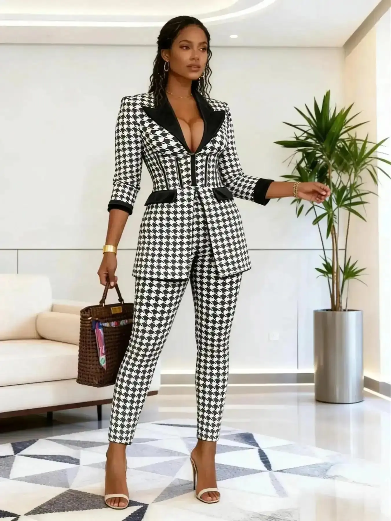 Elegant Date Night Set, Women's Houndstooth Print Blazer & Skinny Pants Suits, Elegant Fashion Casual Comfy for Daily..., Vacation Ready, Everyday, Year Round, On The Go, All Seasons, Style, Loungewear