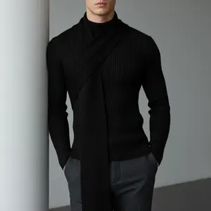 INCERUN Men's Long Sleeve Turtleneck Knit Pullover - Crafted 12-Rib Asymmetrical Knitwear, Fall Winter Structured Drape Design, Unisex Fit, Casual Daily Trendy Street Wear, Collarless Men's Pullover Alternative