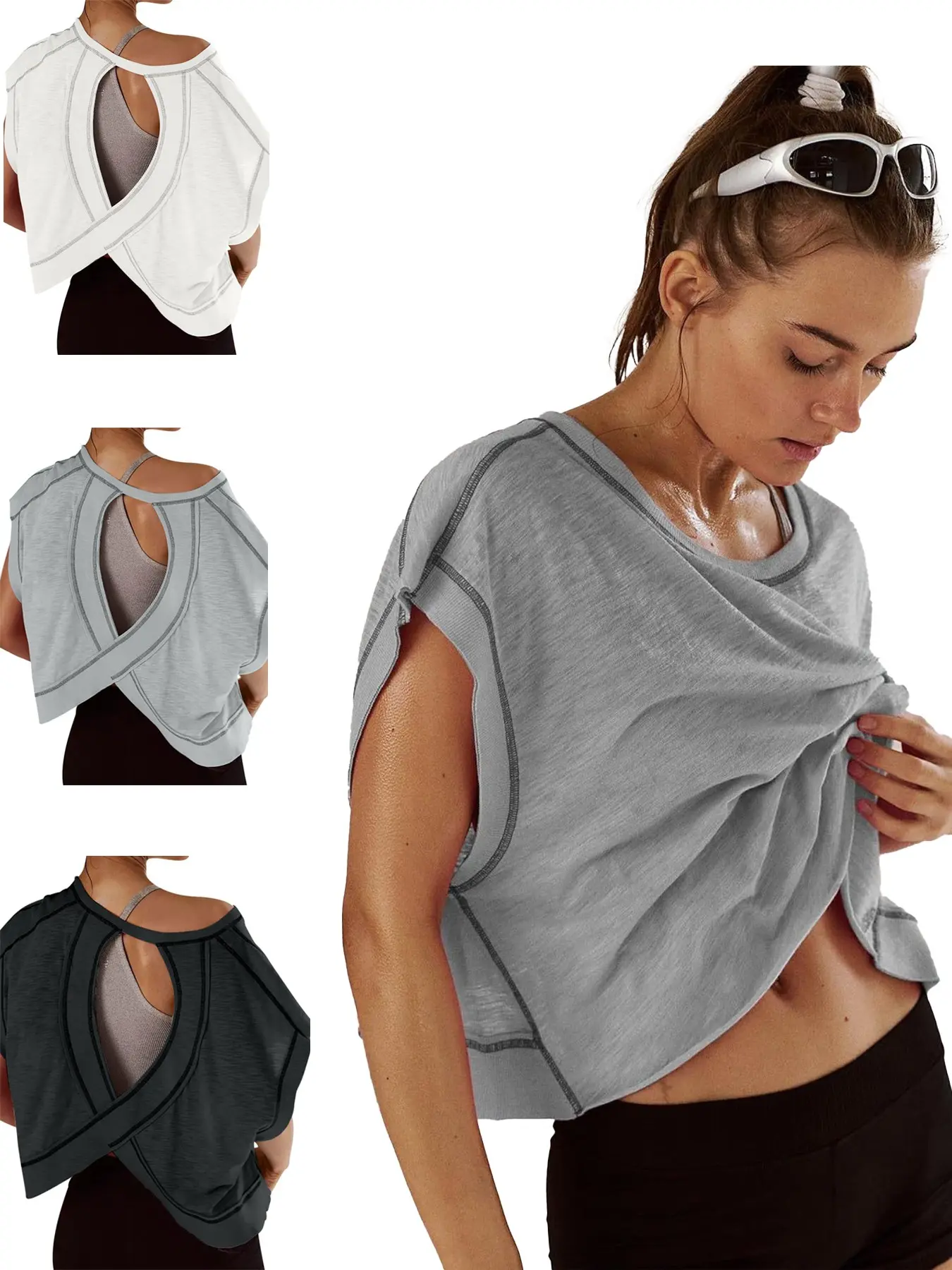 Women's Casual Short Sleeve T-Shirt, Solid Color Backless Cross Top, Hollow Back Activewear Fitness Workout, Perfect for Gym & Daily Wear, Workout Clothes, Casual Workout Tops, Fitness Training Top