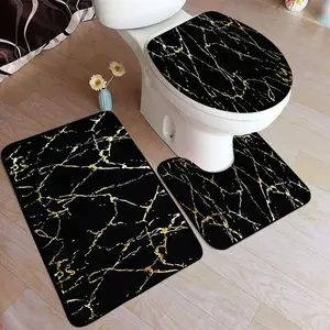 Abstract Marble Bath Mat Set Gold Textured Pattern Modern Geometric Black Carpet Home Bathroom Decor Floor Rugs Toilet Lid Cover