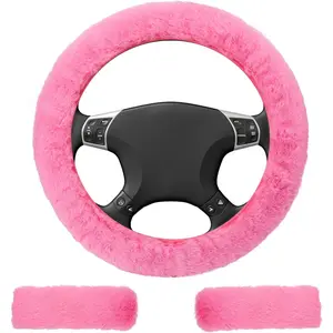 3 PCS Fluffy Steering Wheel Cover Set, 15'' Furry Car Wheel Cover, 2 Seat Belt Shoulder Pads, Anti-Slip Fur Steering Wheel Cover, Winter Warm Fluffy Car Accessories for Women, Pink