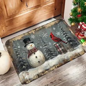 1pc Modern Style Rug Carpet Doormat, Winter Wonderland Scene Snowy Scene with Snowman And Cardinal. for Bedroom Living Room Home Kitchen Decor Indoor Holiday Decoration, Autumn And Summer Decoration, Halloween Thanksgiving Day Christmas