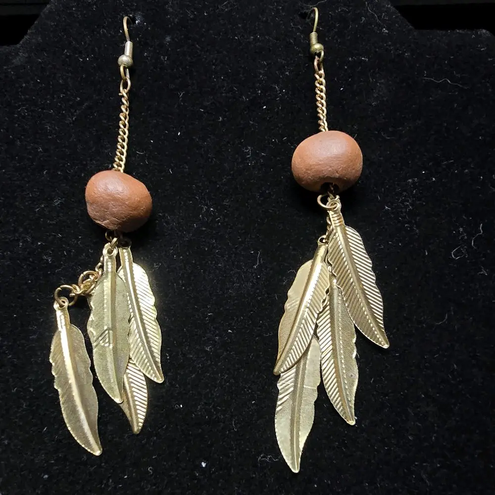 Gold Feather Earrings with Pottery Bead and Leaf Design Gold Feather Earrings