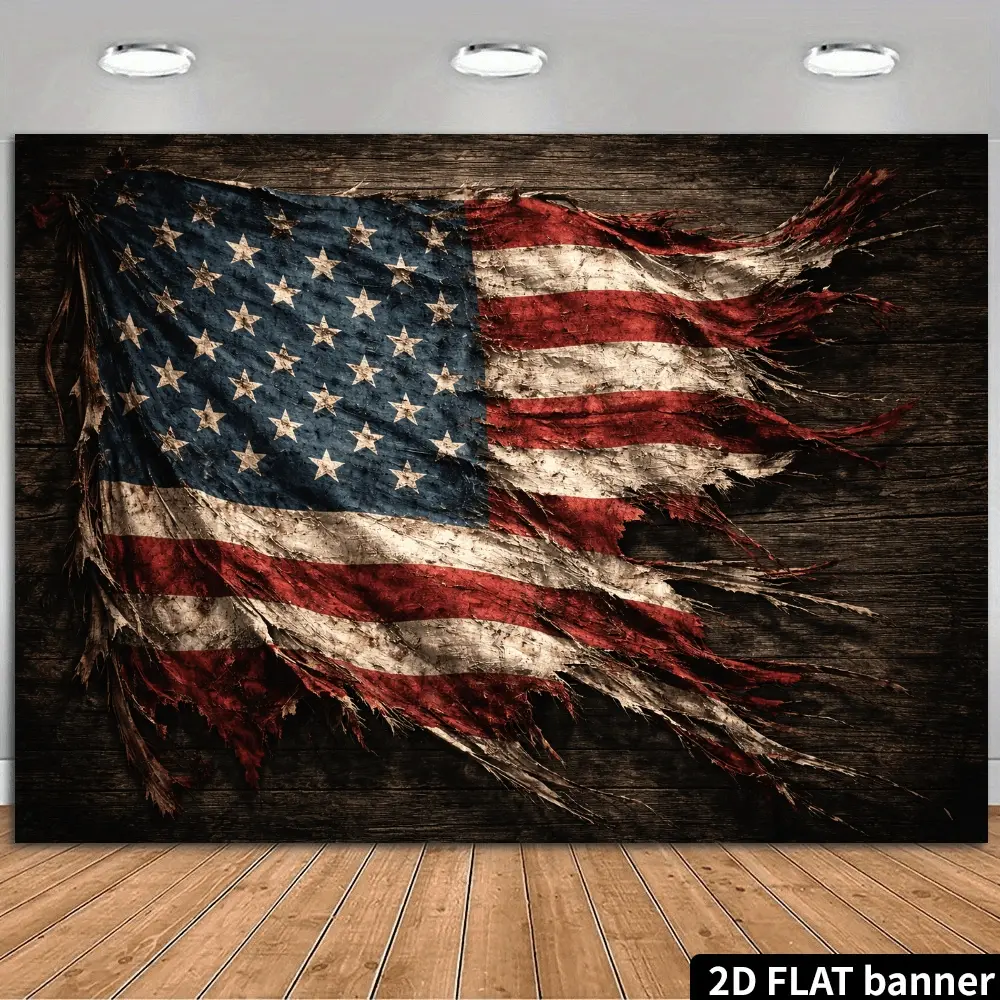 2D Flat Banner, Polyester Flat Banner, 1pc Patriotic-Themed Backdrop Featuring a Worn And Torn American Flag, with Red, White, Blue Colors, The Details of The Stars And Stripes, Set Against a Wooden Texture, Independence Day Decoration, Decorative Banner