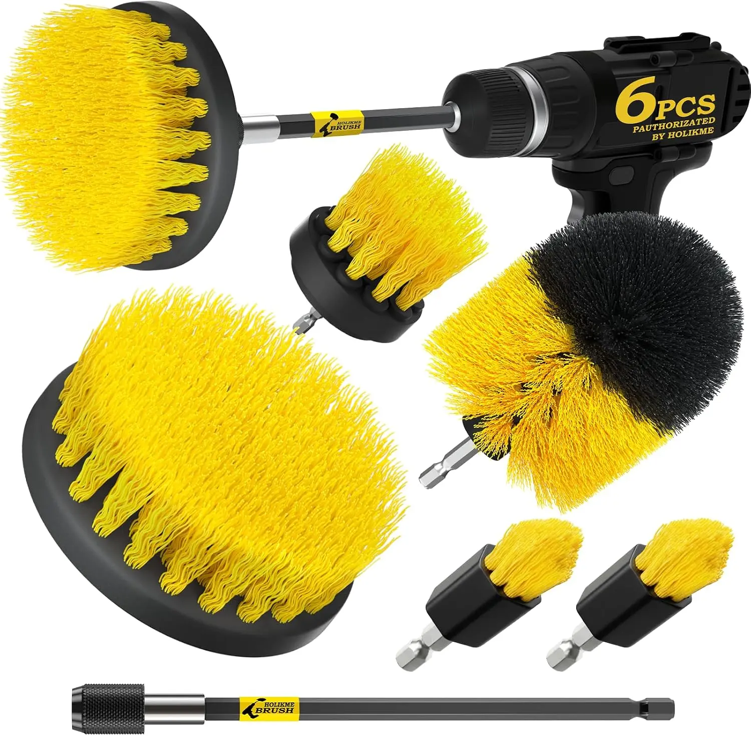 Holikme 6-Pc Car Wash Drill Brush Set - Soft Yellow Nylon Bristles, 5 Head Sizes, Extension Attachment, Power Scrubber for Home Tile, Tub, Auto Interior Care