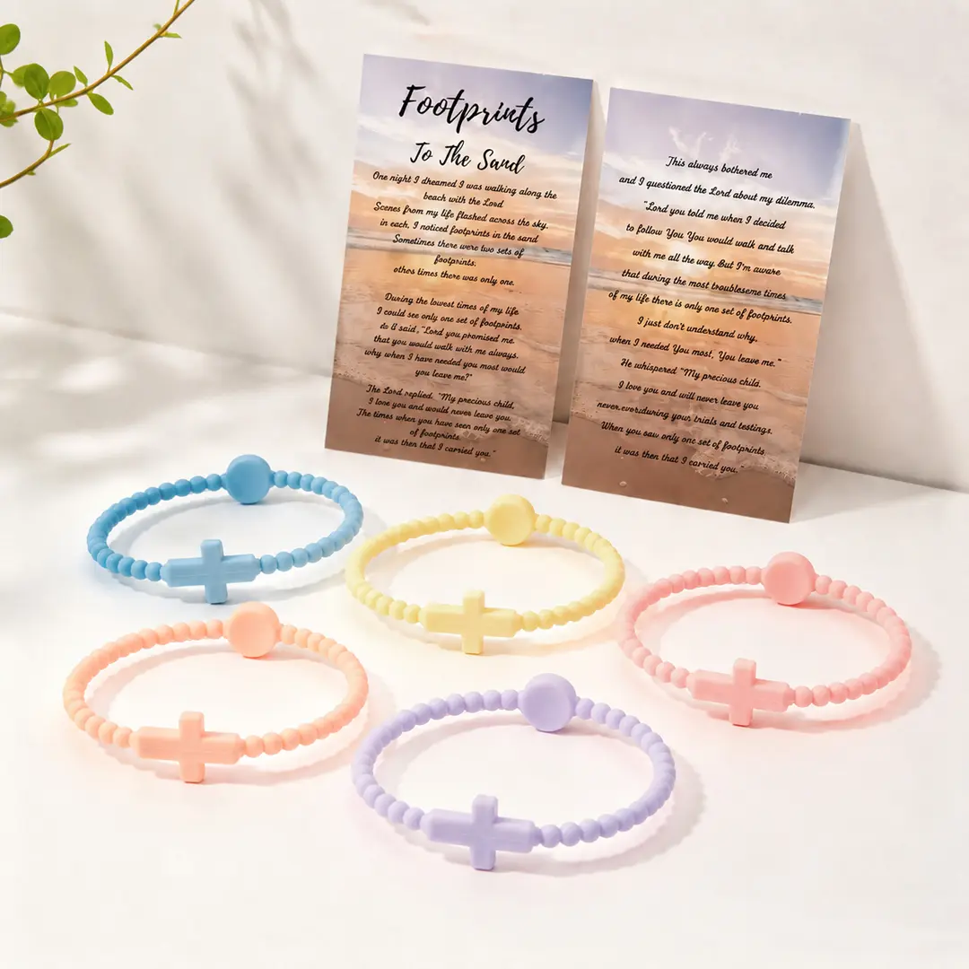 5PCS Dopamine Cross Silicone Beaded Bracelet Bundle - Christian Wristbands, Stackable Bangle Bracelets, Matching Set, Beaded Jewelry, Stretch Y2K Trendy Everyday Wear Costume Accessory