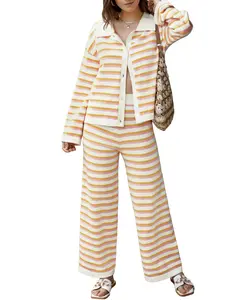 Two Piece Sweater Sets for Women Winter Warm Striped Collared Sweaters and Pants Color Block Button Down Tops S-2XL