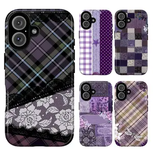 Vintage Purple Plaid Phone Case – Coquette Lace & Floral Pattern Cover with Dragonfly, Polka Dots & Gingham Aesthetic for iPhone 17 16 15 14 13 12 11 Pro Max X XS & Samsung Galaxy S21–S26 Plus Ultra | Cute Dark Coquette Lover Gift