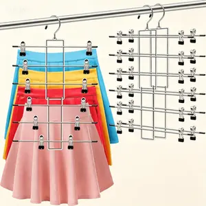 6 Tier Adjustable Clip Pants Hangers, Space Saving Closet Organizer with 360° Swivel Hook, Metal Skirt Hangers for Storage and Organization, Dorm Room Essentials for College Students, Reusable Durable Garment Hangers
