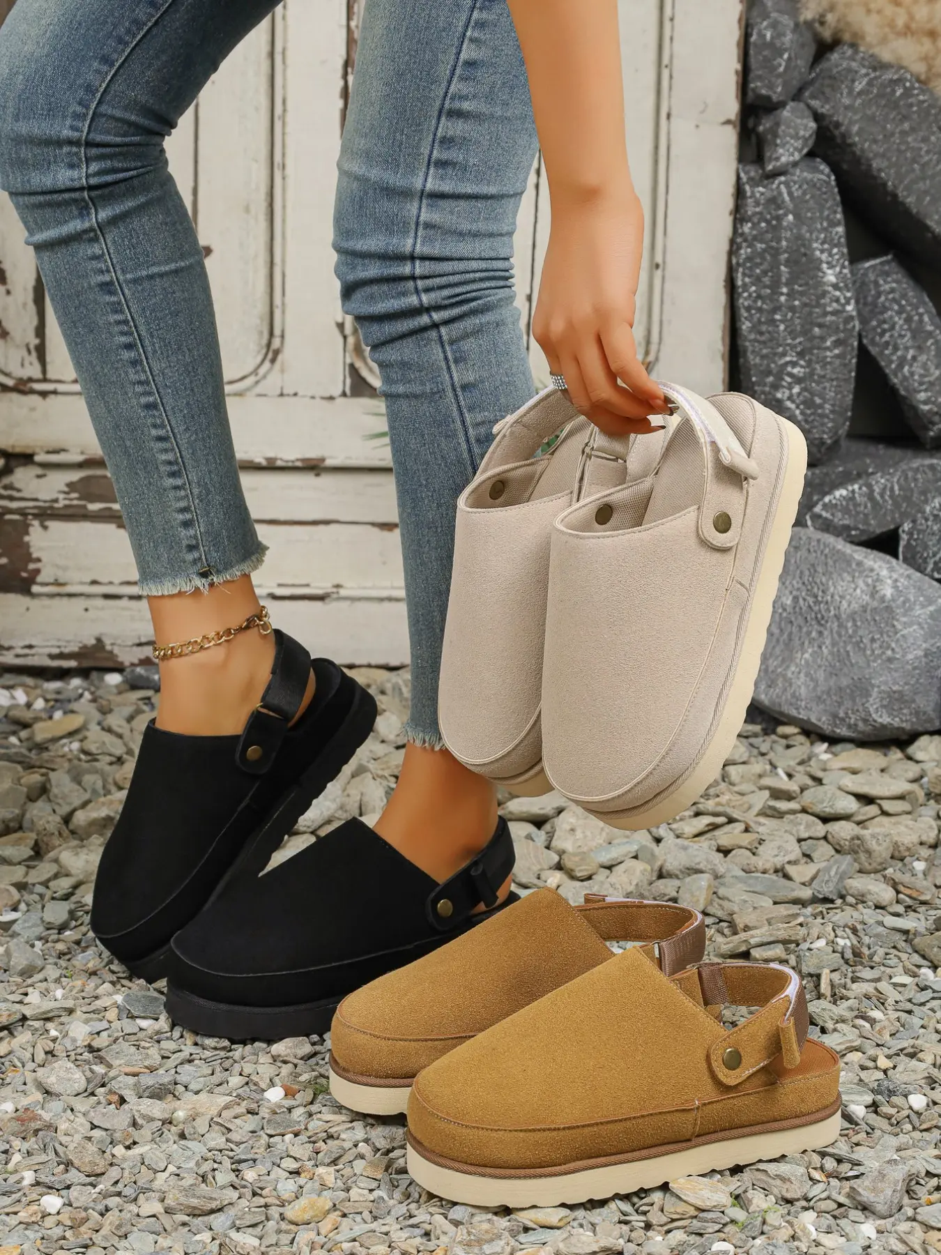 Women's Platform Sole Mules Clogs, Closed Toe Design Backless Thick Bottom Slippers, Adjustable Strap, Casual Suede Slip on Loafers Walking Shoes for Walking, Shopping, Travel Footwear