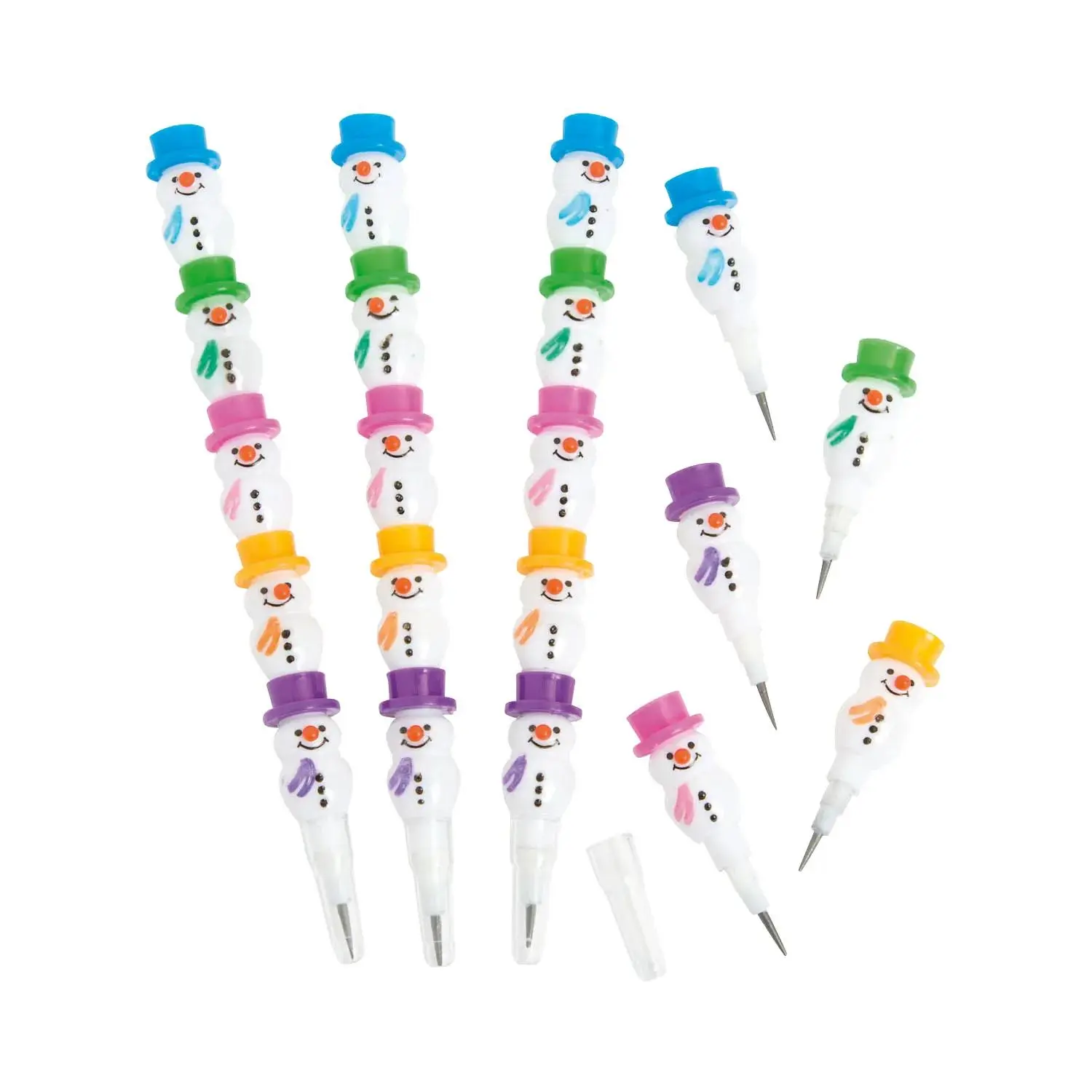5 1/2" Stackable Point Multicolor Plastic Snowman Pencils - 12 Pc.