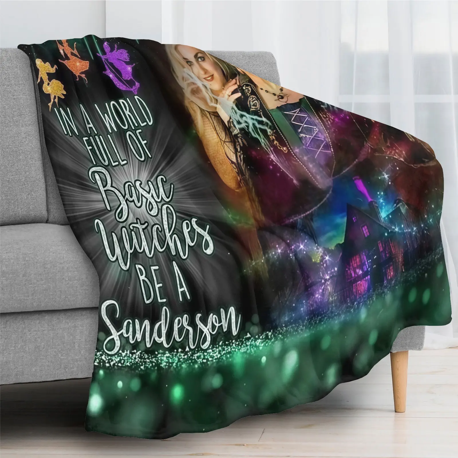 Halloween Witch Sister Quote Print Throw Blanket Magical Green Glitter Background Flannel Blanket Spooky Season Movie Fan Home Decor Magical Witch Themed Flannel Blanket Inspirational Quote Witch Silhouette Design Soft Warm Throw Blanket for  Movie Night