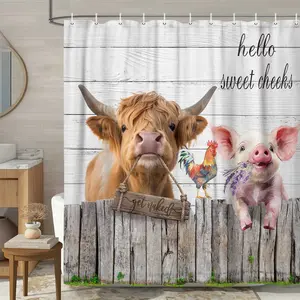 Farm Shower Curtain,Highland Cow Shower Curtains for Bathroom Rustic Chicken Pig Animal Farmhouse Bathroom Decor Design Waterproof Fabric Bath Accessories with Hooks 70X70in