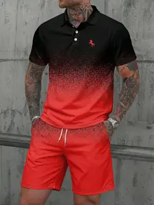 Men's Gradient Color Polo Shirt Shorts Set, Summer Casual Sports Two-Piece, Trendy Fashion, Slim-Fitting Graphic Short Sleeve